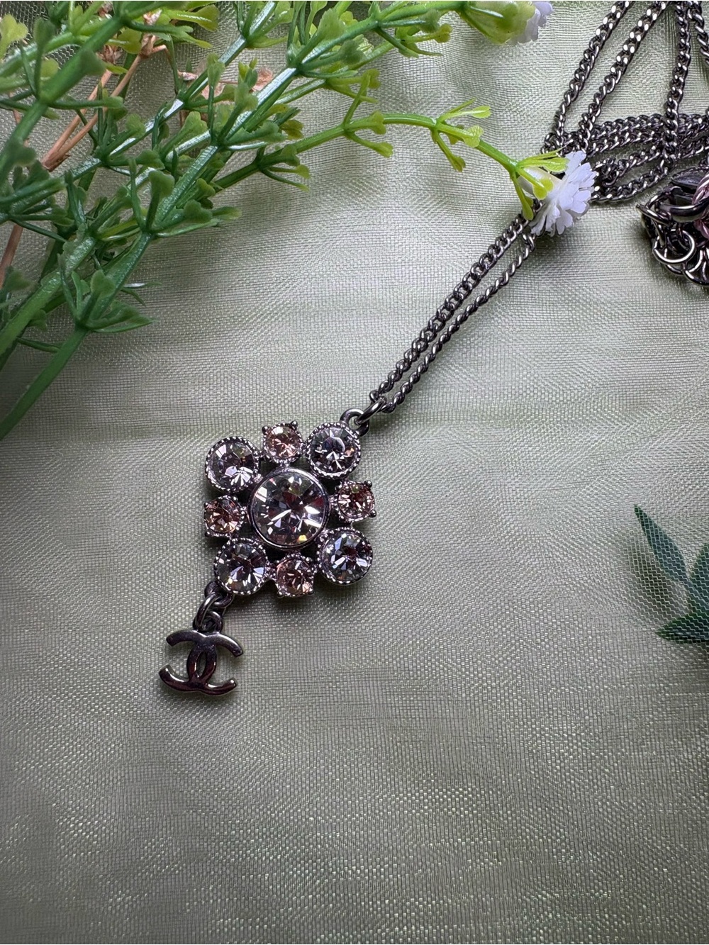 Chanel Crystal Pendant Necklace in Silver with Champagne Stones with COA